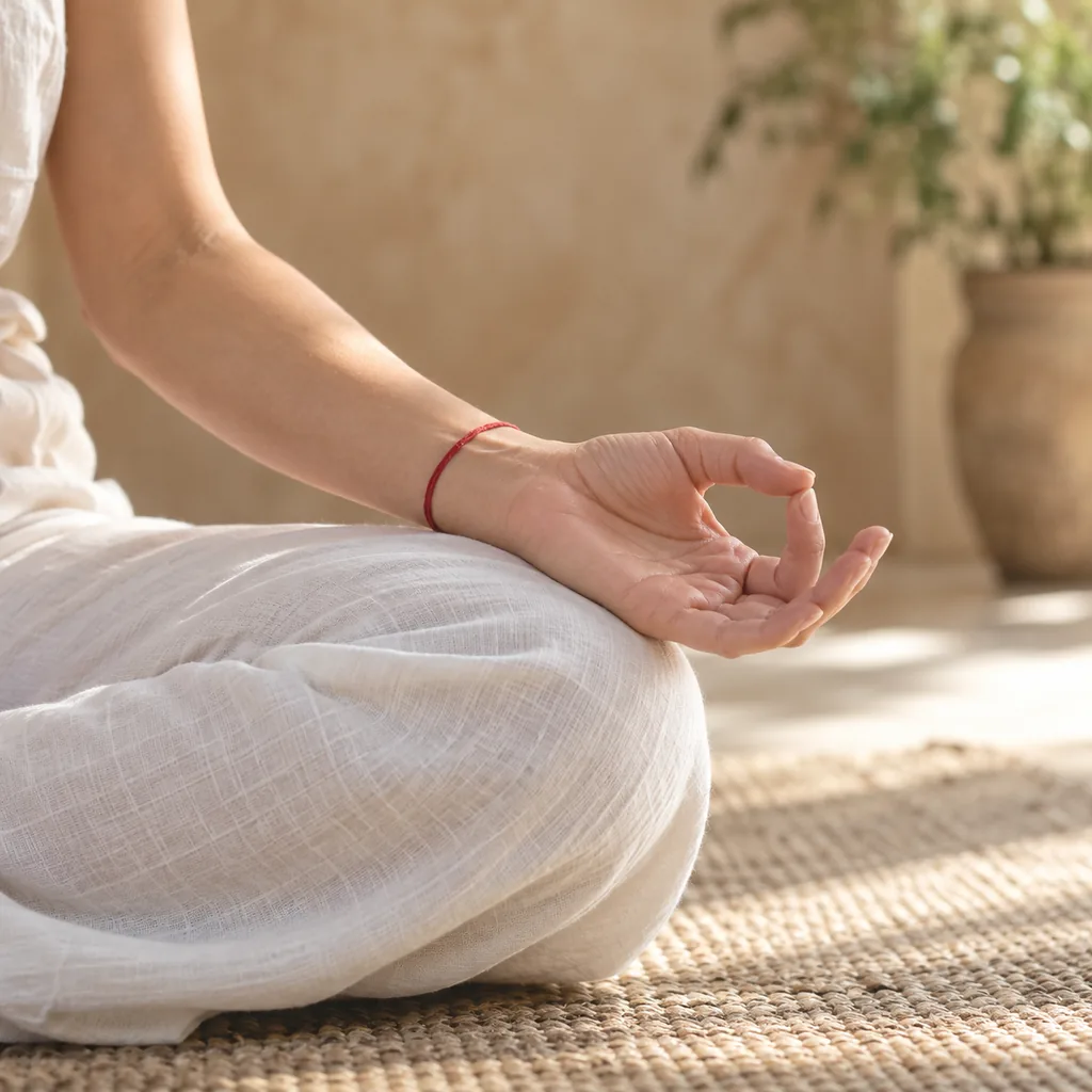 A hand resting on a knee in chin mudra, white linen, sunlit floor