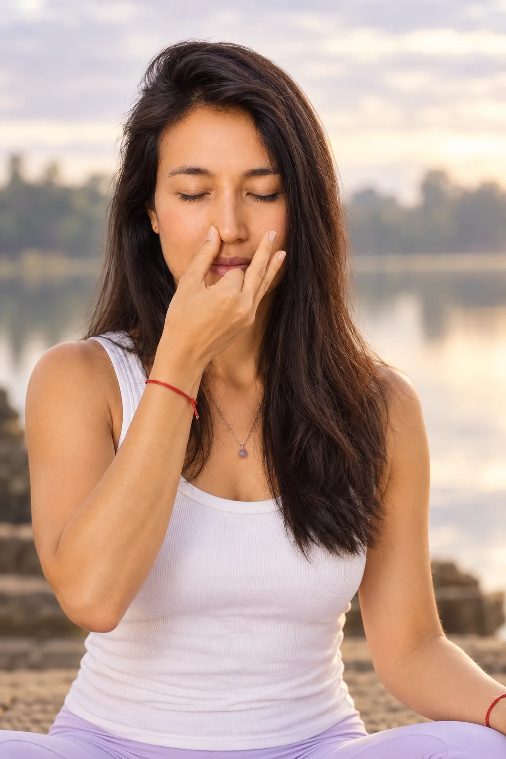 Marielisa Padilla practising alternate-nostril breathing, eyes closed, lake at dawn behind
