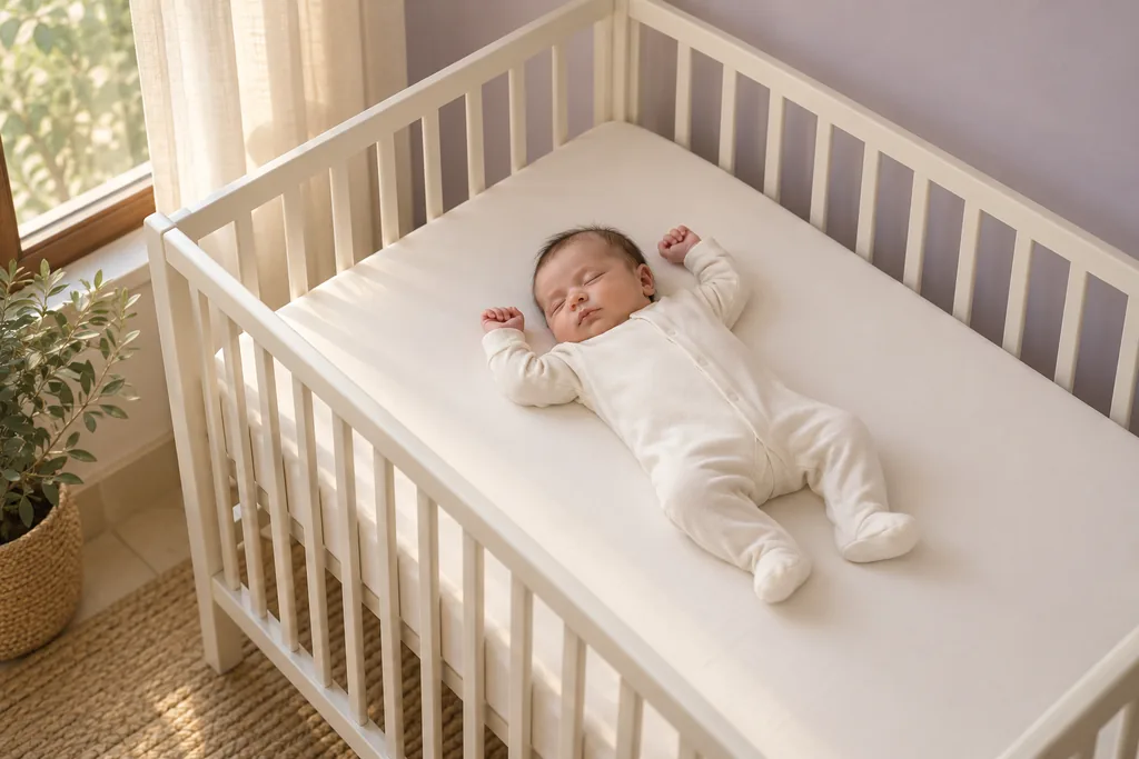 A baby asleep on its back in an empty white cot, nothing else in the cot, soft daylight