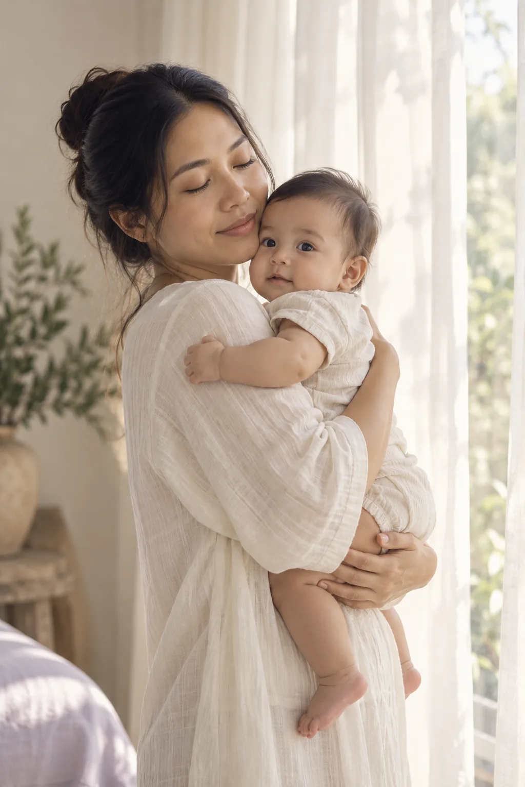 A mother holding her baby against her shoulder by a bright window