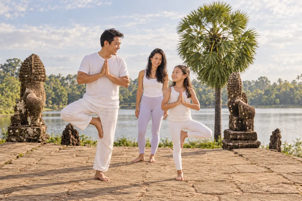 A father, mother and daughter in tree pose together on the Srah Srang terrace