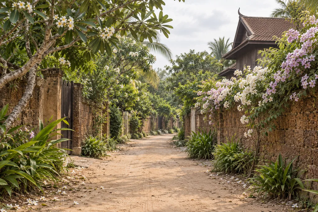 A sandy lane between flowering garden walls in Siem Reap, morning light